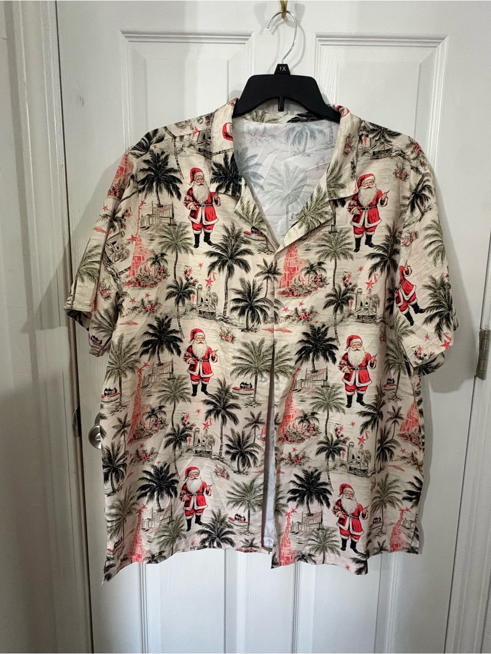 Men's Tropical Santa Button-Up Shirt - Beige & Red